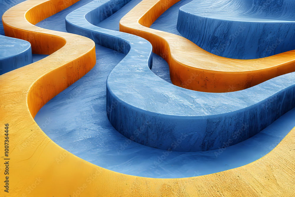 Poster waves of blue and orange create a striking abstract pattern on a surface, showcasing a unique archit