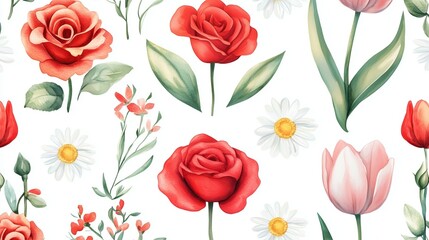 A vibrant floral pattern featuring red roses, tulips, and daisies on a light background, showcasing nature's beauty in springtime