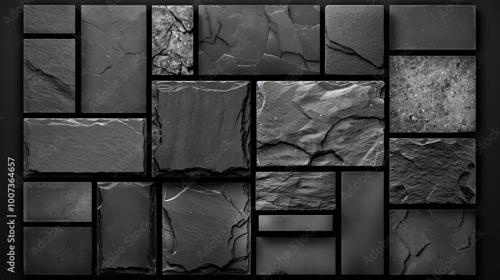 Poster various textured black stone tiles are arranged in a collage-like format, showcasing different patte
