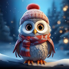 Cute Winter Owl Dressed in a Scarf and Hat