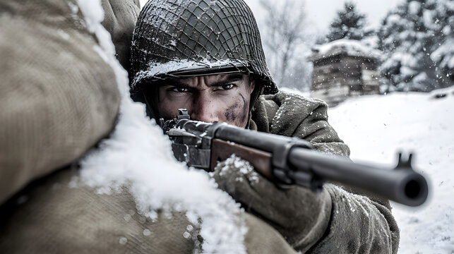 A U.S. Army infantryman from the Korean War, crouching behind a wall of sandbags with his M1 Garand rifle, scanning the frozen landscape for enemy movement. Korean War infantryman in a frozen battlefi
