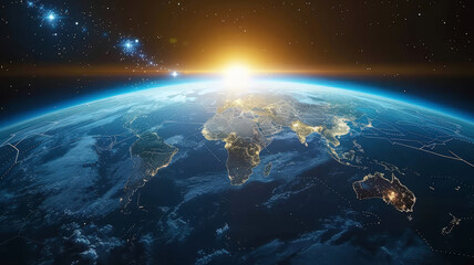 The beautiful Earth is visible from space as the sun rises, casting a golden glow over continents and oceans, highlighting cities and the intricate patterns of land and water.