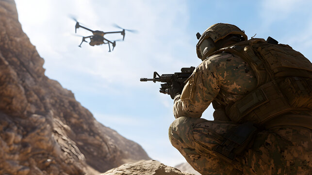 A U.S. Army Special Forces soldier, dressed in advanced camouflage and armed with an M4 carbine, crouching on a rocky outcrop as a drone flies overhead in a desert landscape. Special Forces soldier in