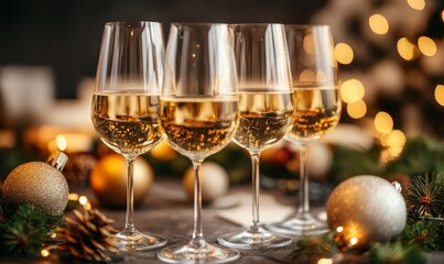 Sparkling wine glasses arranged on a table with holiday decorations.
