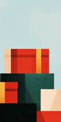 A modern and minimalist illustration of gift boxes wrapped in red and green paper with golden ribbons placed in a neat stack The background is soft pastel blue Ideal for holiday cards gift tags and Ne