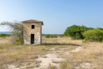 A weathered, abandoned house stands alone in a dry, grassy field with sparse vegetation