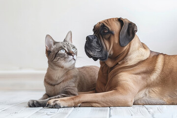 A dog lies down, looking attentively at a cat that appears intrigued. Both animals are calm and relaxed in a cozy indoor space with soft lighting and a light-colored floor.