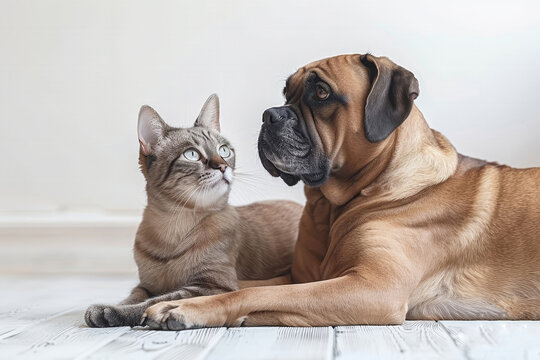 A dog lies down, looking attentively at a cat that appears intrigued. Both animals are calm and relaxed in a cozy indoor space with soft lighting and a light-colored floor.