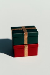 A modern and minimalist illustration of gift boxes wrapped in red and green paper with golden ribbons placed in a neat stack The background is soft pastel blue Ideal for holiday cards gift tags and Ne