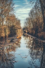 Obraz premium Tranquil Canal Pathway with Bare Trees in Autumn
