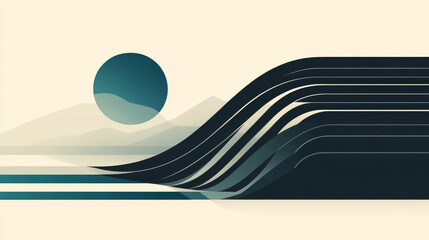 Abstract landscape with layered lines and a large circular shape.