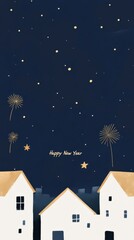 Fototapeta premium Festive design of golden fireworks bursting in the night sky over a cityscape with Happy New Year written in elegant calligraphy Ideal for New Years Eve invitations party posters and digital greetings