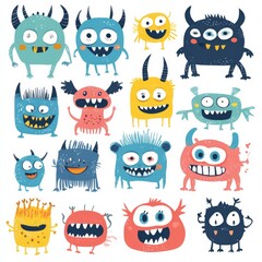 A vibrant and playful collection of hand-drawn tiny doodle monsters featuring cheerful facial expressions. 