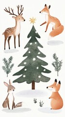 Handdrawn illustration of woodland animals including a deer rabbit and fox gathering around a Christmas tree in a snowy forest Perfect for holiday cards and winterthemed prints with a whimsical and jo