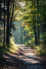 Obraz premium Sunbeams through trees on a forest path, Nature trail and path in the woods