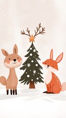 Obraz premium Handdrawn illustration of woodland animals including a deer rabbit and fox gathering around a Christmas tree in a snowy forest Perfect for holiday cards and winterthemed prints with a whimsical and jo