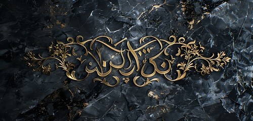 Elegant marble surface with engraved calligraphy and gilded accents in a script font on a sleek black marble background