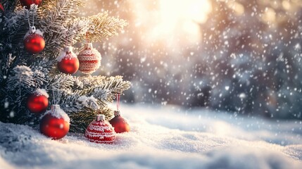 Snow-Covered Pine Branch with Red Christmas Ornaments