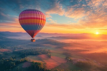 Fototapeta premium Colorful hot air balloon journey over misty landscape at sunrise