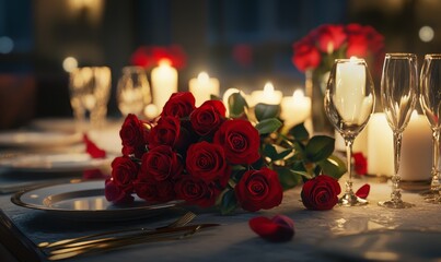 Valentine's Day dinner table with elegant settings and roses