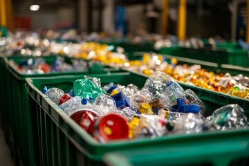 Recycling process: plastic waste management in green bins for sustainable solutions