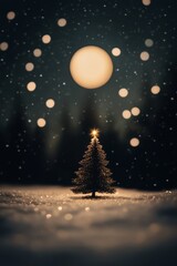 Obraz premium Illustration of a snowcovered forest with a glowing Christmas tree in the center surrounded by twinkling stars and a full moon Perfect for holiday cards and festive winter greetings with a magical and