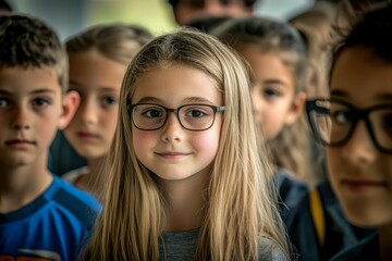 Obraz premium Curious and confident young girl with glasses standing among peers at school event