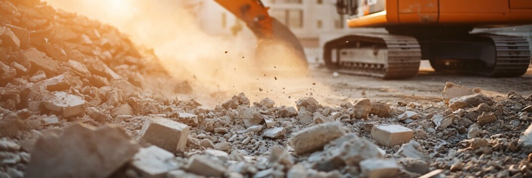 Close up of construction debris and rubble in front of an excavator, focusing on the piles of concrete and rocks