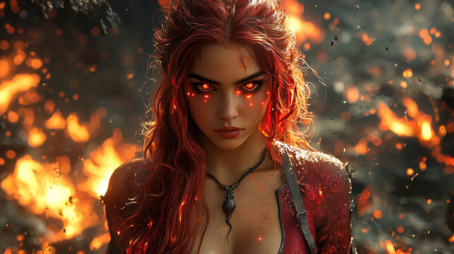 female fire genasi with intense red eyes stands amidst a blazing inferno, her presence commanding