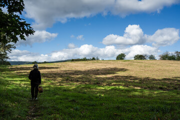 Fototapeta premium a person in the distance with a basket and shaker, looking at a large patch of short grass. The sky is blue with clouds, and it's a sunny day. 