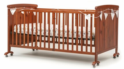 Elegant wooden baby cradle with premium finish, isolated on a crisp white background