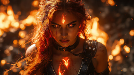 ntense gaze of a female fire genasi, her fiery essence radiating immense power and mystique