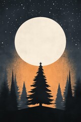 Illustration of a snowcovered forest with a glowing Christmas tree in the center surrounded by twinkling stars and a full moon Perfect for holiday cards and festive winter greetings with a magical and