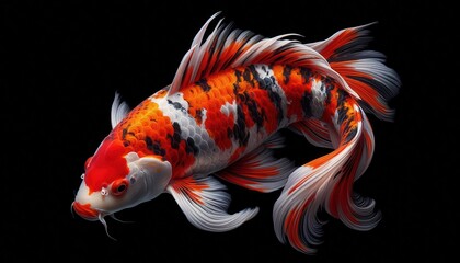 Fototapeta premium A vibrant koi fish with striking colors and flowing fins against a dark background.
