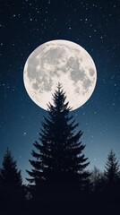 Fototapeta premium Illustration of a snowcovered forest with a glowing Christmas tree in the center surrounded by twinkling stars and a full moon Perfect for holiday cards and festive winter greetings with a magical and