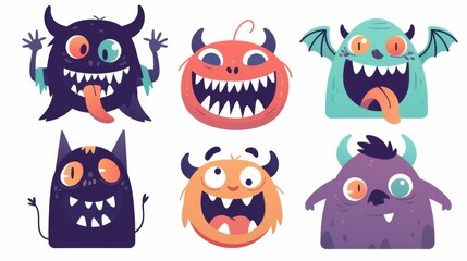 Obraz premium Halloween-themed set of colorful monster silhouette heads, featuring cute cartoon kawaii designs with expressive eyes, tongues, fang teeth, and playful hands 