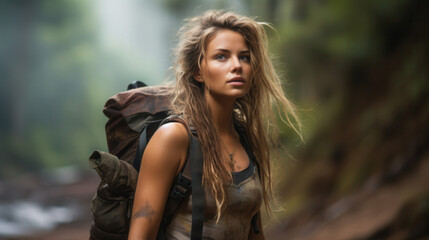 Adventurous woman hiking through a forest with a backpack