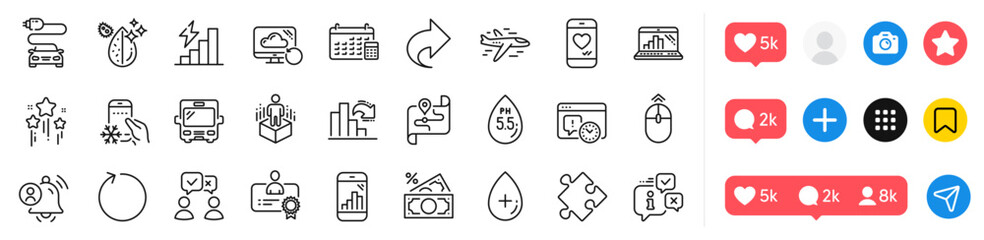 Car charge, Airplane and Certificate line icons pack. Social media icons. Loop, Graph laptop, Money tax web icon. People voting, Stars, Bus pictogram. Map, Refrigerator app, Augmented reality. Vector