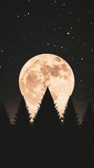 Naklejka premium Illustration of a snowcovered forest with a glowing Christmas tree in the center surrounded by twinkling stars and a full moon Perfect for holiday cards and festive winter greetings with a magical and