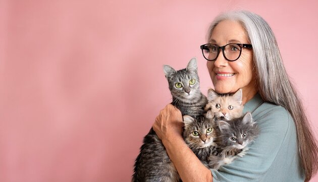 Happy old lady surrounded with cats on pink background