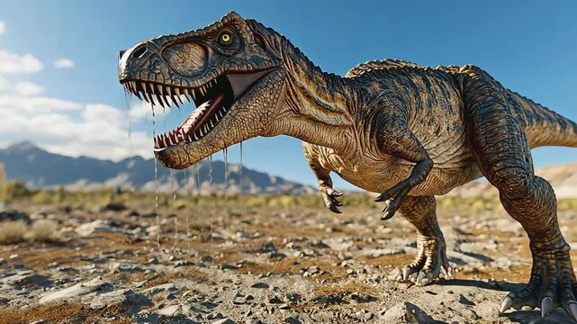 A close-up shot of a Tyrannosaurus Rex dinosaur with an open mouth and dripping saliva, in a rocky and mountainous desert landscape.