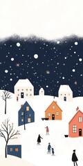 Illustration of a winter village at dusk with warmly lit houses snowcovered roofs and people iceskating on a frozen pond The sky is filled with stars creating a peaceful holiday scene Perfect for seas