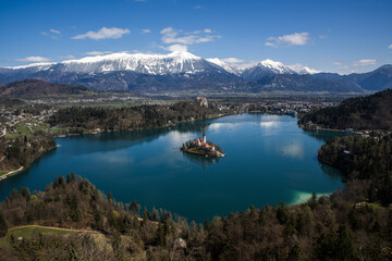 Breathtaking view of Lake Bled, Slovenia, the picturesque island with the Church of the Assumption...