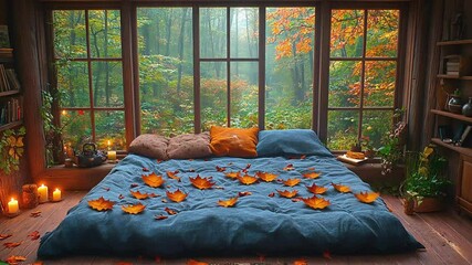 A cozy bed with pillows and blankets in a wooden cabin with a large window overlooking an autumn forest. - Powered by Adobe