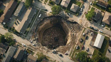 Aerial view of a large sinkhole in a residential neighborhood. The hole is surrounded by houses and streets.