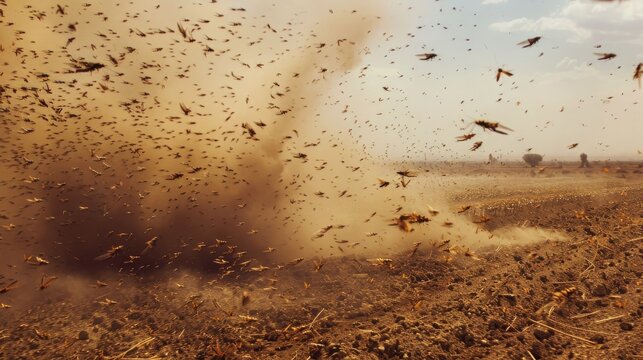 A massive swarm of locusts forms a swirling cloud over a barren field.