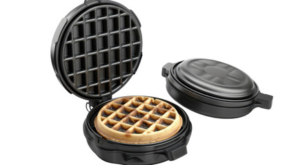 Compact waffle maker with interchangeable plates on white background