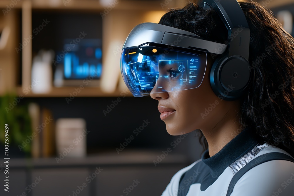 Poster A high-tech workspace where a person reviews yesterdayâ€™s tasks, with holographic images and AI tools guiding them through the lessons learned.