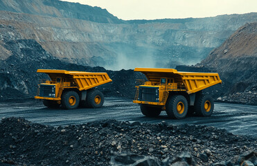 Two yellow dump trucks are driving down a dirt road against the backdrop of an open coal mine.