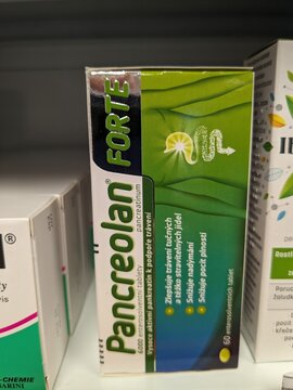 Prague,Czech Republic-October 9 2024: PANCREOLAN FORTE by ZENTIVA contains pancreatic enzymes, used to improve digestion in patients with pancreatic insufficiency by aiding in the breakdown of fats